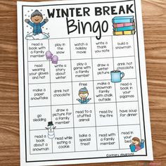 the winter break bingo game is shown on a table