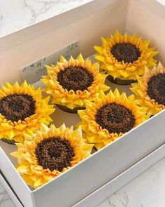 six sunflowers in a white box on a marble countertop with the lid open