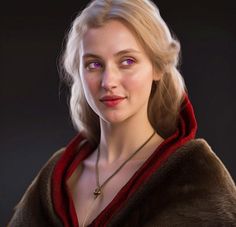 a woman with blonde hair and blue eyes wearing a fur coat, posing for a portrait