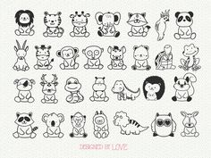 an illustrated set of different kinds of cartoon animals and their names in black on a white background