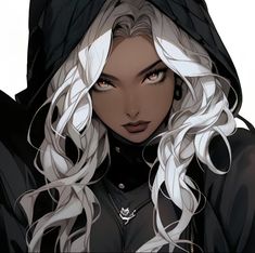 an anime character with long white hair and red eyes wearing a black hoodie over her shoulder