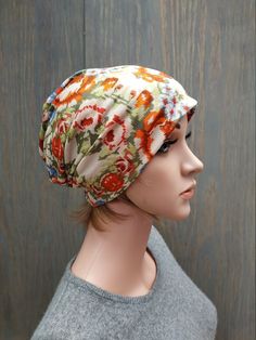 Lightweight Slouchy Tam Jersey Beanie Multicolour Flower Print Slouchy Beanie Hat, Chemo Headwear, Slouch Hat, Women's Beanie, Lightweight Viscose Hat, Bohemian Hat. Fully-line with no raw edges or exposed seams. Designed and hand made by me, in my home studio, so its unique item. Made from High-Quality Italian Viscose Jersey, and it is Vegan suitable. This item is suitable for all seasons wearing it indoors or outdoors it is your choice. The hat will stretch to fit head circumference; meaning t Multicolor Casual Bonnet One Size, Casual Multicolor Bonnet One Size, Lightweight Multicolor Bohemian Hat, Casual Multicolor Bonnet, Bohemian Lightweight White Hat, Bohemian Beanie Bonnet One Size, Bohemian Beanie For Spring, Bohemian Bonnet Beanie One Size, Lightweight Multicolor Hat, One Size Fits Most