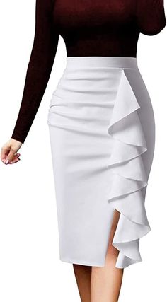 Wear to Work, Business, Office, Casual, Party, Dating, Street-Wear, Daily Wear. #white #ruffle #skirt #forwork #pencilskirt #elegant #business #commissionpaid #amazonaffiliate Office Skirt Outfit, Pencil Skirt Fashion, Corporate Dress, Pencil Skirt Outfits, Business Party, Office Dresses For Women, Stylish Work Attire