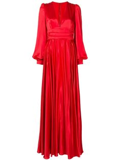 Red silk draped silk evening gown from DOLCE & GABBANA featuring plunging V-neck, draped detailing, high waist, bishop sleeves, rear zip fastening and floor-length. | Dolce & Gabbana Draped Silk Evening Gown Silk Evening Gown, Satin Evening Gown, Gown Red, Woman Clothes, Beautiful Goddess, Red Dress Maxi, Silk Gown, Dresses Ideas, Black Gown