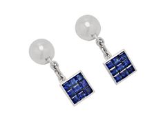 Sapphire Cufflinks in Platinum, Medium  Each cufflink designed as square panels set with square sapphires, to a sapphire set ball, connected by a simple chain, in platinum. Sapphire Cufflinks, Expensive Pens, Simple Chain, Jewellery Marketing, Contemporary Jewelry, Cufflinks, Platinum, Paradise, Sapphire