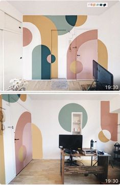 two screens show the same room with different colors and shapes on it, one has a television