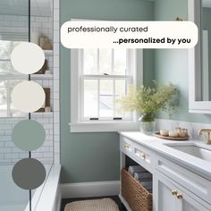 a bathroom with blue walls, white cabinets and a large window that says professionally crafted personalized by you