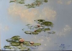 a painting of water lilies floating on top of green leaves