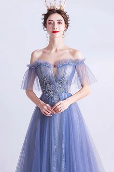 Off the Shoulder Lace Long Formal Dress Blue A-Line Evening Party Dress Formal Dress Blue, Lace Embellishments, Long Formal Dress, Blue Dress Formal, Blue Evening Dresses, Blue Tulle, Prom Dresses Blue, Evening Party Dress, Tulle Lace