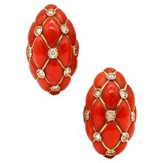 Neapolitan coral and diamonds earrings. Beautiful and colorful contemporary pieces, crafted in the portuary city of Napoles, Italy in solid yellow gold of 18 karats with high polished finish. These convertible earrings has been designed with a navette almond quilted shape similar to a cushion. Fitted at the reverse with retractables posts, for pierced or non pierced ears and comfortable French omega backs for fastening clips. Diamonds: Mounted in bezel settings, with 18 round brilliant cuts diam Coral Quilt, Convertible Earrings, Diamonds Earrings, Coral Stone, Vs Diamond, Fine Jewellery Earrings, Red Coral, Pierced Ears, Round Brilliant Cut Diamond