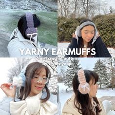 two girls wearing earmuffs in the snow, one with a knitted bow