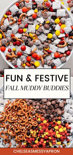 fall muddy buddies Thanksgiving Party Ideas For Kids School Snacks, Thanksgiving Muddy Buddies, Chex Mix With M&ms, Thanksgiving Muddy Buddies Recipe, Fall Preschool Snacks, Fall Football Snacks, Fall Muddy Buddies, Healthy Fall Snacks For Kids, Monster Mix Snack