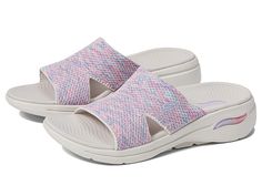 SKECHERS Performance Go Walk Arch Fit-Sweet Bliss - Women's Shoes : Gray/Multi : Whether you are walking or lounging at home, the SKECHERS Performance Go Walk Arch Fit-Sweet Bliss slippers is a perfect choice to ensure comfort to your feet. Breathable space-dyed knit upper. Textile and synthetic lining and synthetic insole. Lightweight ULTRA GO cushioning for utmost comfort. Arch Fit contoured footbed. High-rebound Comfort Pillar Technology for added support. Slip-on style. Open toes. Signature Comfortable Multicolor Synthetic Slippers, Comfortable Slides With Gel Cushioning, Comfortable Gel-cushioned Slip-on Slides, A Smile, Open Toe, Women's Shoes, Shoes Sandals, Arch, Slippers