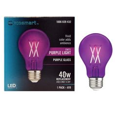 a purple light bulb with the box next to it