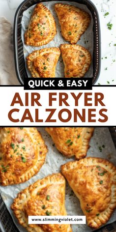 air fryer calzones in a pan with text overlay