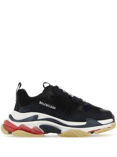 black/red/white round toe front lace-up fastening embroidered logo to the side ridged rubber sole Balenciaga Triple S Sneakers, Givenchy Hoodie, Jordan Alexander, Gucci T Shirt, Balenciaga Shoes, Balenciaga Triple S, Low Top Sneakers, Sneakers Black, World Of Fashion