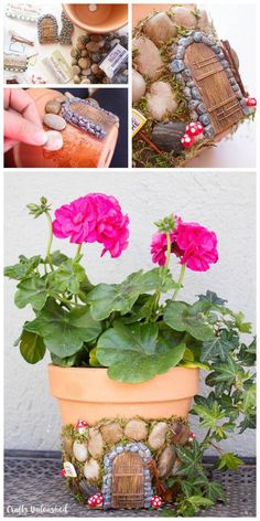 four pictures showing different types of flowers and rocks in a flower pot with stones around it