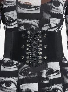 Elevate your look with this black corset belt! Featuring star-shaped grommets and lace-up detailing on the front. Triple snap-button closures.55% polyester; 45% polyurethaneImportedListed in junior sizes Black Corset Belt, Thrift List, Thrift Ideas, Tall Hoodies, Corset Belt, Plus Size Fits, Black Corset, Socks And Tights, Elevate Your Look