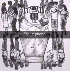 a drawing of people standing around a bed with the words flip ur phone on it