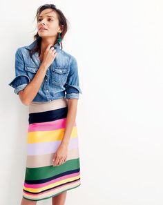 Classic with a twist: the pop stripe. J.Crew women’s new, bold take on the classic that’s not for wallflowers. Try it on an A-line skirt or a cashmere sweater. Jenna Lyons, J Crew Women, Denim On Denim, Maxi Rok, Skirt Denim, Jcrew Women, Stripe Skirt, Style Summer, Basic Outfits