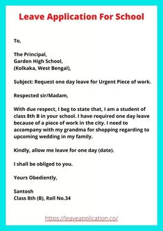 a letter that is written to someone in front of a blue and white background with the words leave application for school