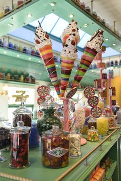 candy and candies are on display in a store