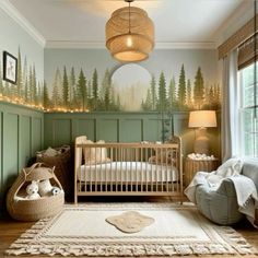 a baby's room decorated in green and white