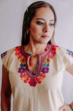 Blouse multicolored handmade by Mexican artisans. . It is important to mention that absolutely all the process is done by hand, so the size, shape and color can varybetween pieces. Mexican Blouse, Boho Tunics, The Process, Coral, Shop Now, Embroidery, Flowers, Dresses, Color