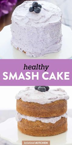 two different cakes with blueberries on top and the words healthy smash cake above them