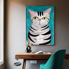 a cat painting on the wall above a desk