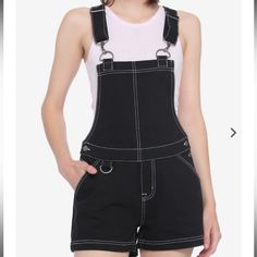 New With Tags! Trendy Shortalls With Suspenders, Black Cotton Summer Overalls, Black Cotton Overalls For Summer, Black Overalls With Suspenders, Trendy Overalls With Suspenders And Bib Front, Black Summer Overalls For Workwear, Black Summer Workwear Overalls, Black Utility Overalls With Bib Front, Black Bib Front Utility Overalls