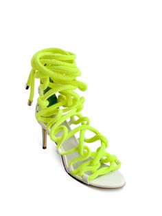 CARLA WHITE & NEON YELLOW ROPE SANDALS Cheap Neon Yellow Casual Sandals, Cheap Casual Neon Yellow Sandals, Luxury White Calf Leather Sandals, Cheap Neon Yellow Open Toe Sandals, Luxury Yellow High Heel Sandals, Cheap Neon Yellow Sandals For Spring, Luxury Calf Leather Sandals With Wrapped Heel, Luxury Yellow High Heel Heels, Luxury Silver Heels With Wrapped Heel