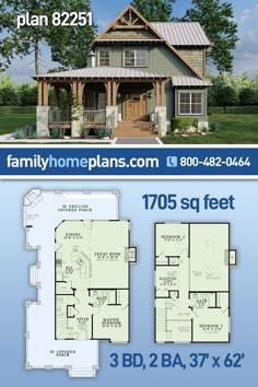 two story house plan with 3 beds and 2 baths in the front, an open floor plan