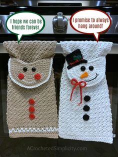 two crocheted snowmen are hanging on the oven rack with speech bubbles saying i hope we can be friends forever