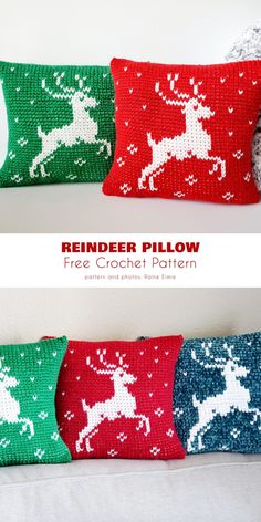 two knitted reindeer pillows sitting next to each other