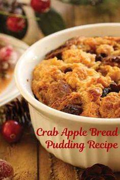 an apple bread pudding recipe in a white dish