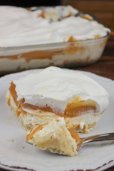 a piece of pie on a white plate with a fork in front of the pie