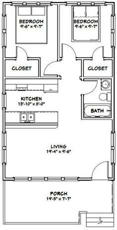 the floor plan for a two bedroom apartment with an attached kitchen and living room area