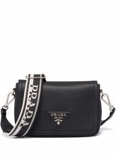 Highlights black leather adjustable detachable shoulder strap foldover top with magnetic fastening main compartment internal zip pocket silver-tone logo lettering rear slit pocket Prada Small Bag, Black And White Purse, Prada Purse, Luxury Bags Collection, Prada Shoulder Bag, Over The Shoulder Bags, Girly Bags, Luxury Purses, Fancy Bags