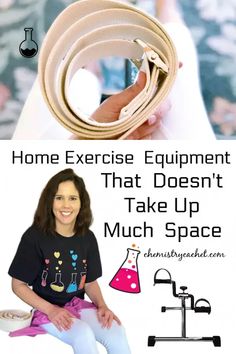 a woman sitting on top of a chair next to a pile of yoga mats with the words home exercise equipment that doesn't take up much space