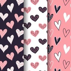 four different hearts patterns on pink, black and white