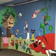 this is a wall mural in the children's room with cartoon characters on it