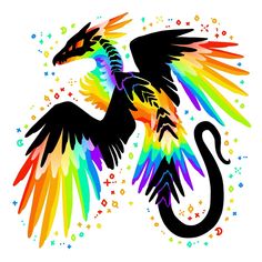 a rainbow colored bird with wings spread out and stars around it's back legs