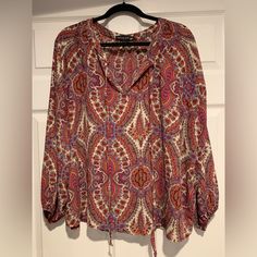 Fabulous Boho Blouse Open V-Neck With Ties Purple, Red, Orange And A Few Others Light Flowy Top Size 2x Box 6 Fall Paisley Print V-neck Blouse, Fall V-neck Blouse With Paisley Print, Multicolor V-neck Peasant Top For Fall, Casual Long Sleeve Peasant Top With Paisley Print, Casual Purple Top With Paisley Print, Patterned Flowy V-neck Blouse, Casual Purple Paisley Print Top, Casual Multicolor Long Sleeve Peasant Top, Flowy Patterned Blouse