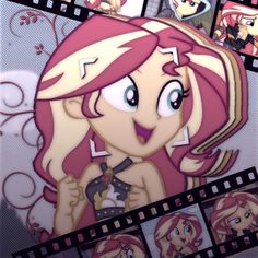 a girl with pink hair and green eyes is standing in front of a film strip