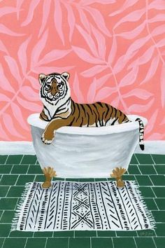 a painting of a tiger sitting in a bathtub on a rug with pink wallpaper