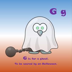 a ghost is chained to a ball with the letter g on it's side