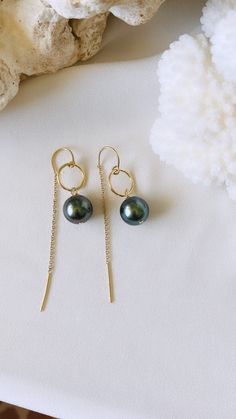 "Gorgeous 9.5mm Tahitian pearls adorn 14k gold filled threaders.    - 1\" drop in front, 1.5\" in the back" Tahitian Pearl Drop Earrings Gift, Tahitian Pearl Dangle Earrings Gift, Gold Tahitian Pearl Earrings Gift, Gold Tahitian Pearl Drop Earrings, Tahitian Pearls Jewelry, Pearl Threader Earrings, Pebble Jewelry, Tahitian Pearl Earrings, Pearls Jewelry