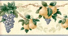 a painting of pears and grapes hanging from a branch with green leaves on it