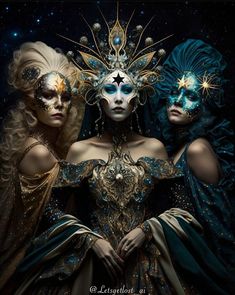 three women with masks on their faces in front of the stars and moon filled sky